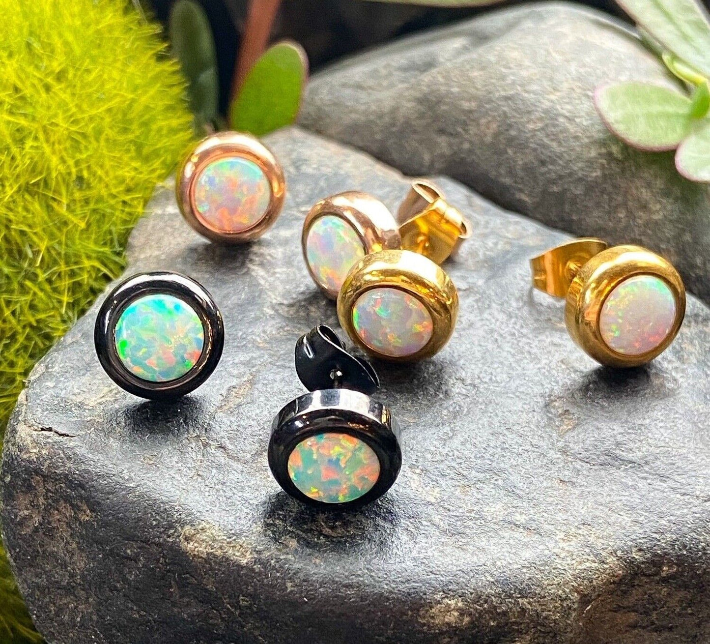 PAIR Large 6mm White Opal in 9mm Bezel Setting 316L Surgical Steel Earrings