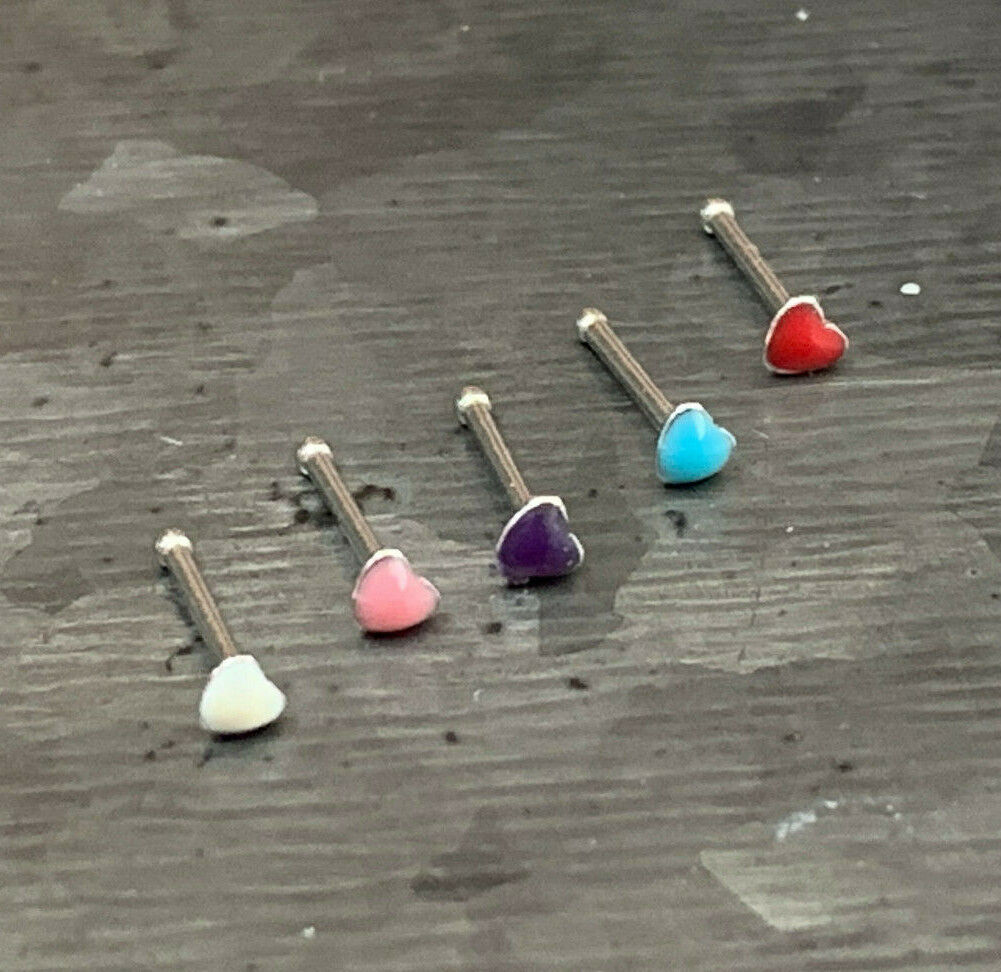 5pc Value Pack Epoxy Heart Nose Ring 20g Surgical Steel Studs - All Five Colors!