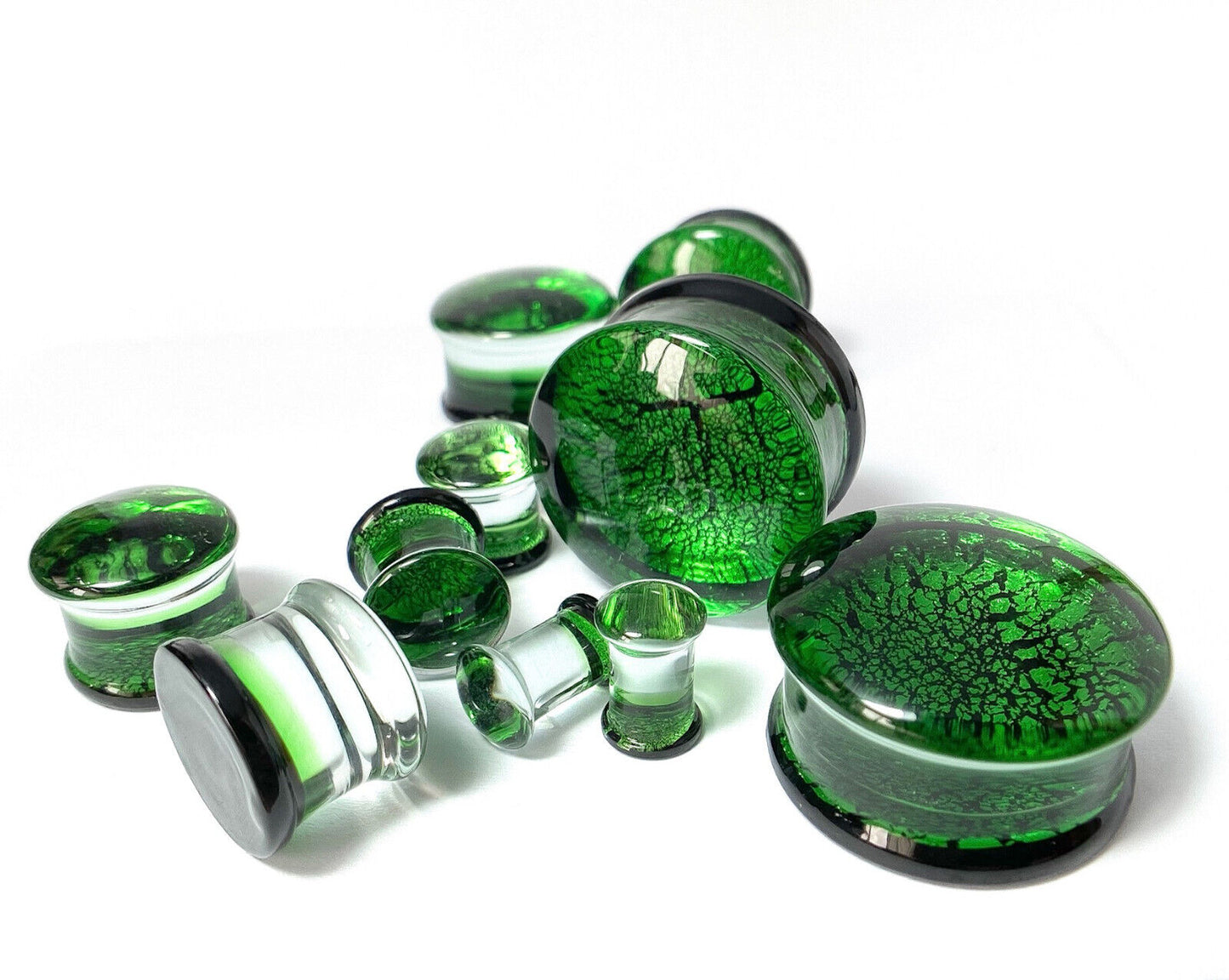 PAIR Green & Black Fracture Design Glass Plugs Double Flare Gauge Body Jewelry