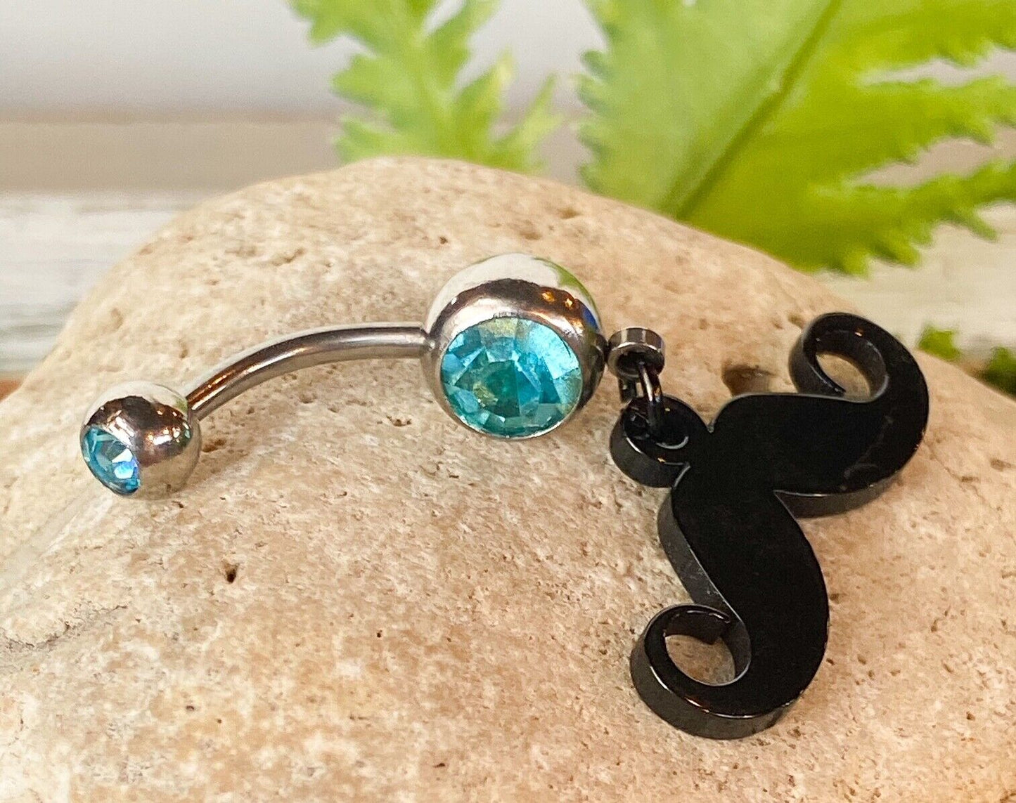Black IP Mustache Dangle Double CZ Gem Belly Ring Navel Naval Stache Clear Pink (Color: Aqua)