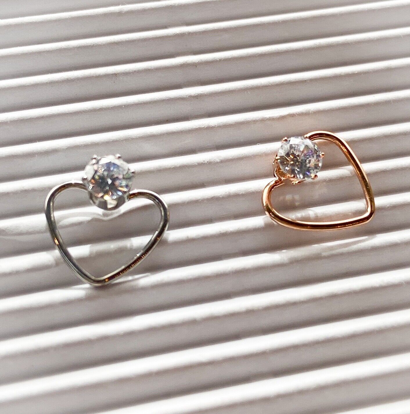 PAIR of CZ Gem Solitaire IP Stainless Steel 20g Earrings w/ Heart