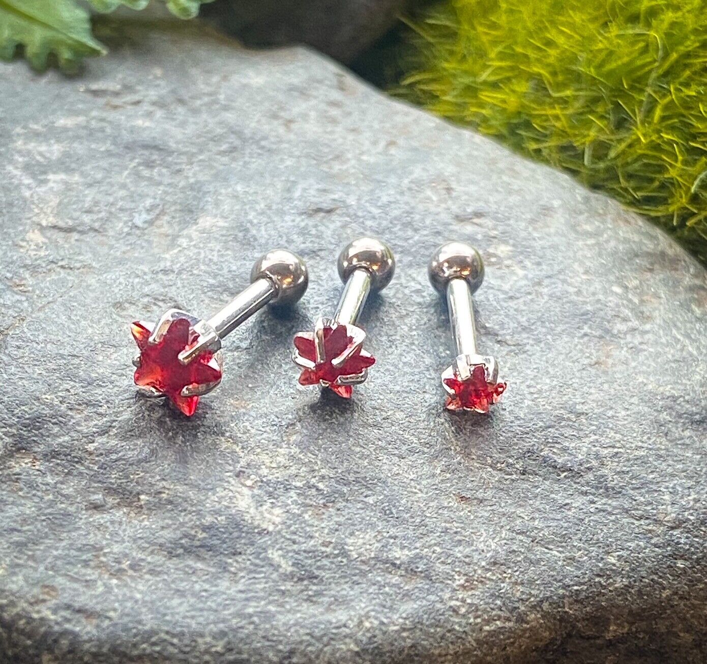 3pc Value Pack 3mm-4mm-5mm Prong Set Star Gem Tragus Cartilage Ring 16g 1/4" (Color: Red)