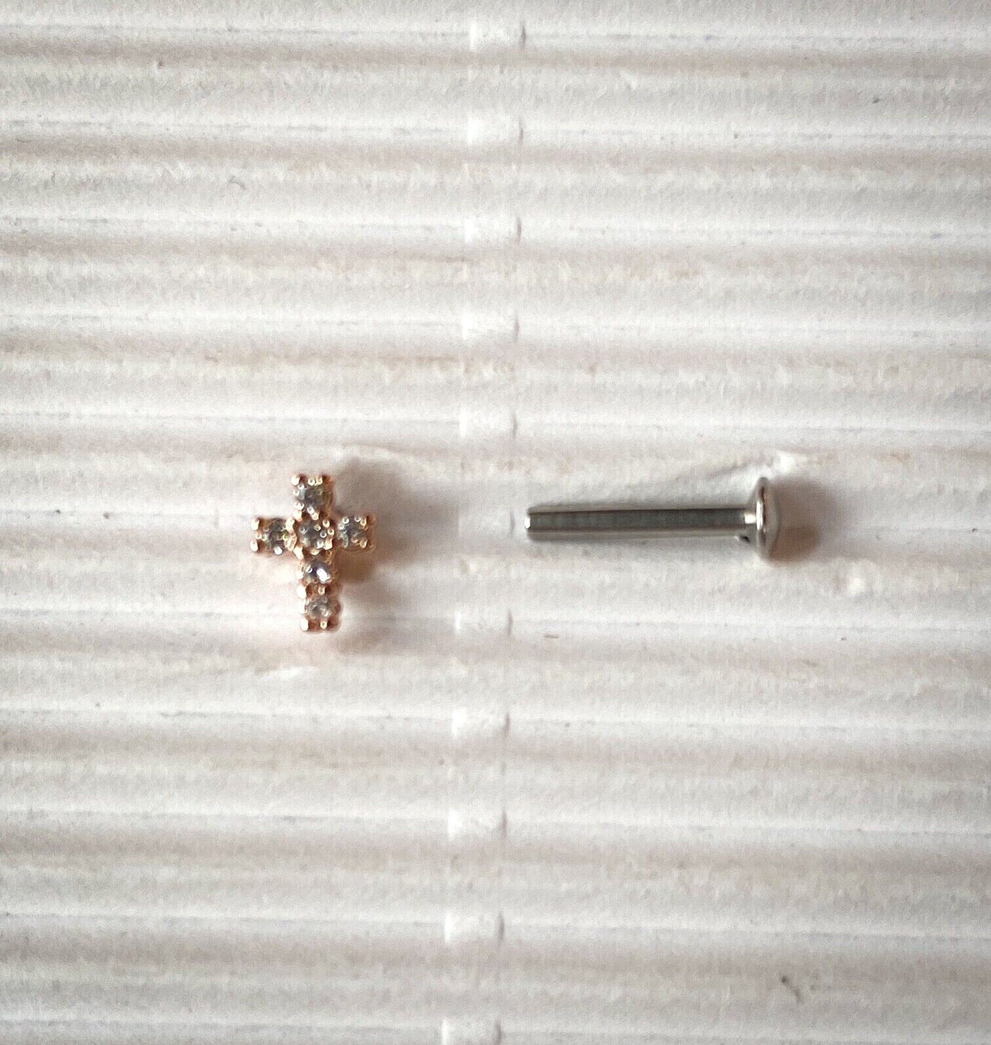 1pc CZ Gem Cross Top 16g Internally Threaded 1/4" or 5/16" Steel Labret Monroe (Color: Rose Gold)