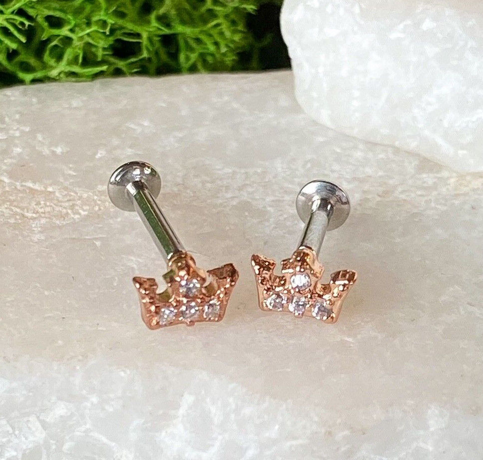 1pc CZ Gem Crown 16g Internally Threaded 1/4" or 5/16" Steel Labret Monroe (Color: Rose Gold)