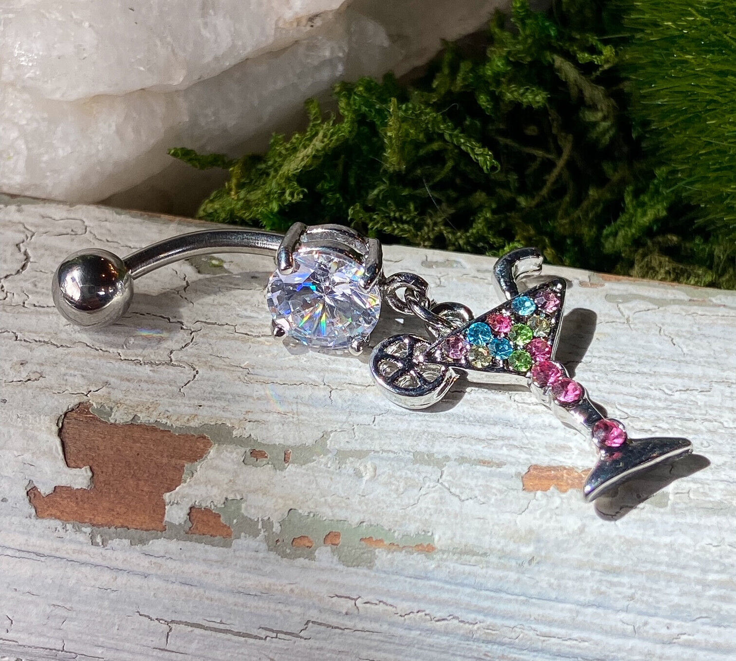 Martini Dangle Multicolor CZ Gem Belly Ring Navel Piercing Pierced Naval Jewelry