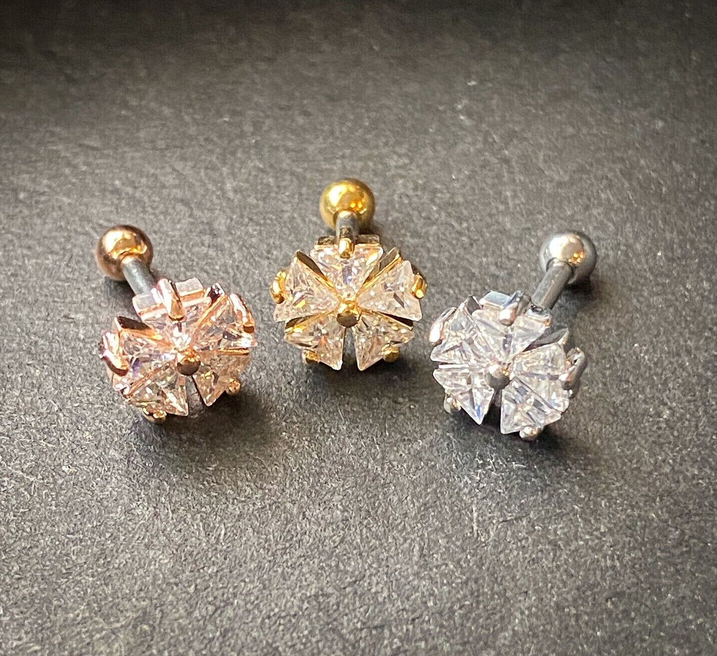 1pc Five CZ Gem Triangle Flower Steel Tragus Cartilage Barbell Ring 16g 1/4"
