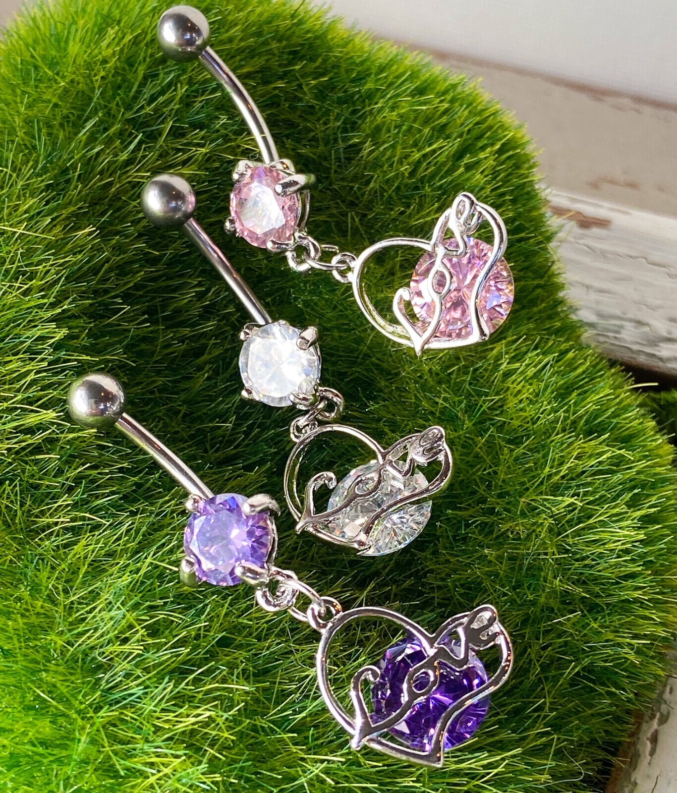 LOVE Heart CZ Gem Belly Ring Pierced Navel Solitaire 14g Clear, Pink, Purple