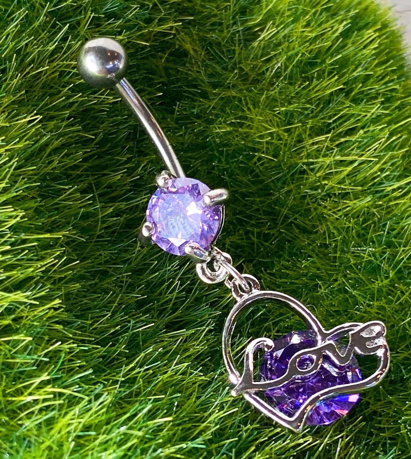 LOVE Heart CZ Gem Belly Ring Pierced Navel Solitaire 14g Clear, Pink, Purple (Color: Purple)