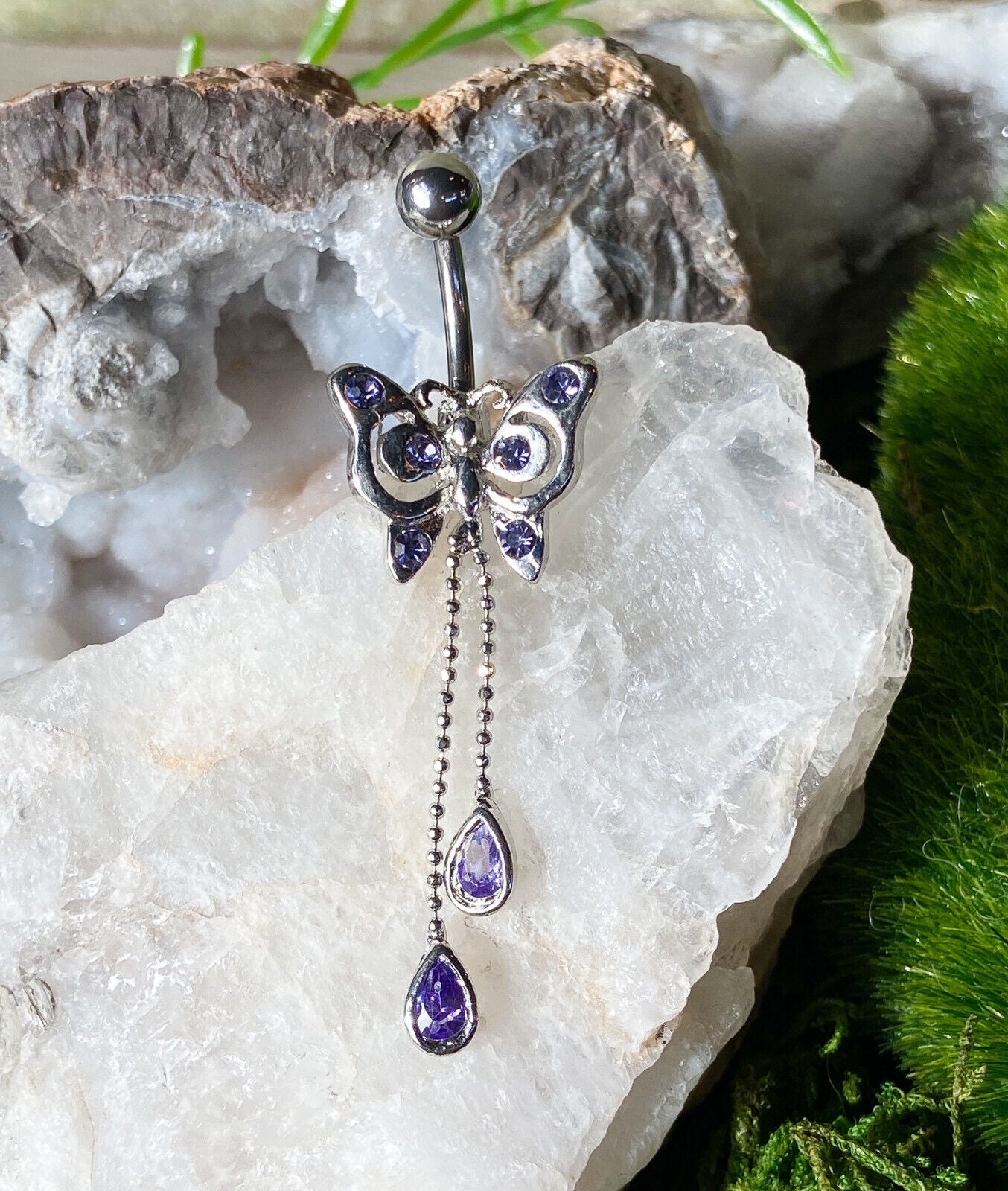 1pc Butterfly Chain CZ Gem Belly Ring Navel Piercing Pierced Naval Body Jewelry (Color: Purple)