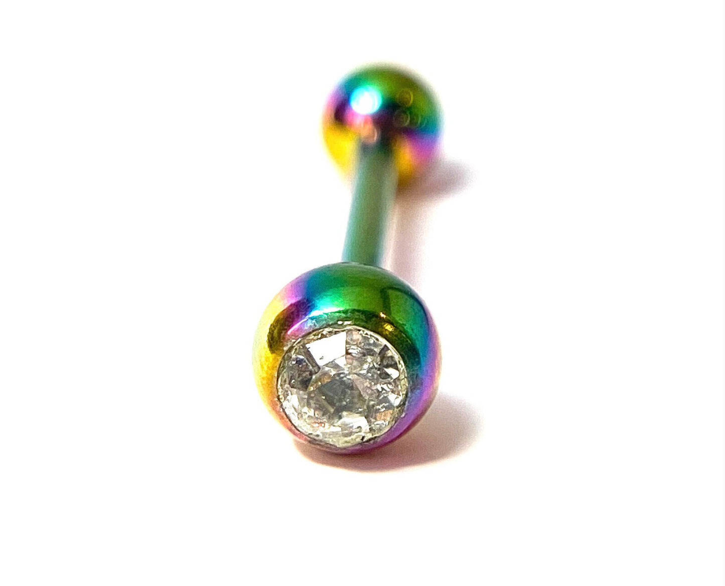 1pc Tongue Ring w/ Bezel Set Gem PVD over Steel Barbell Tounge 14g 5/8 (16mm) (Color: Multi-Color)