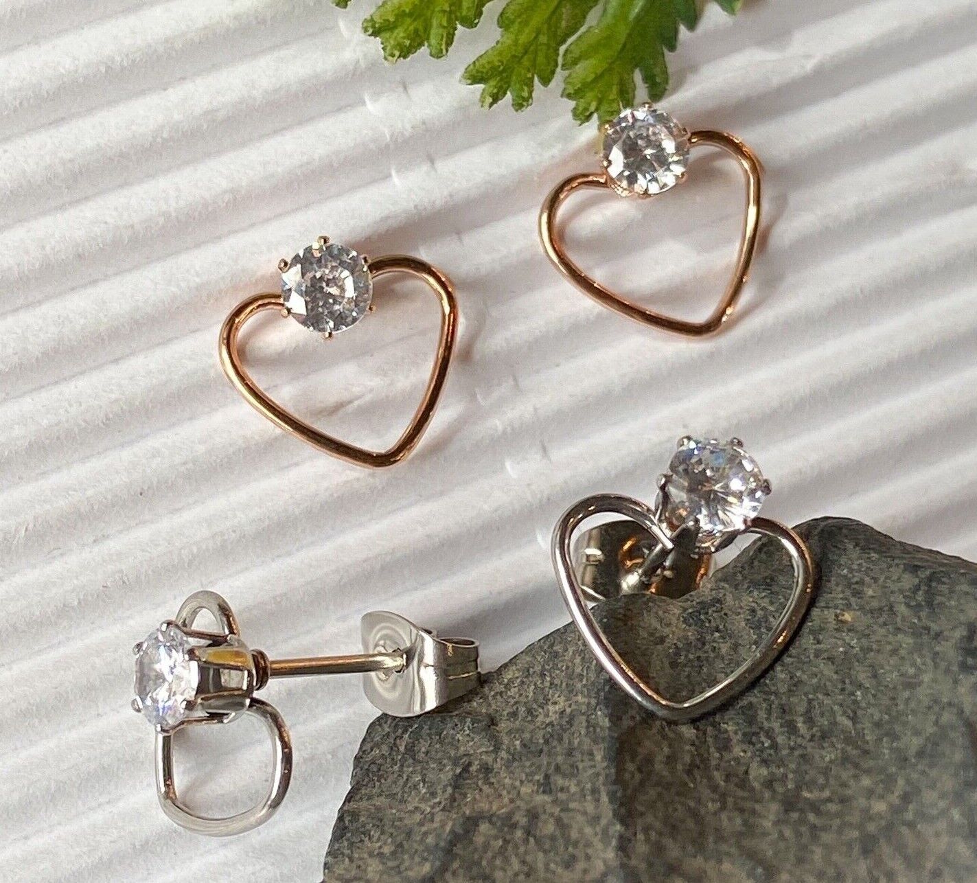 PAIR of CZ Gem Solitaire IP Stainless Steel 20g Earrings w/ Heart