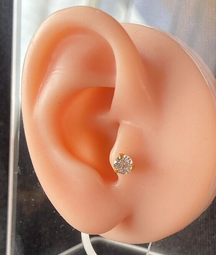 1pc Prong Set Gem Black, Yellow Gold or Rose Gold Tragus Cartilage Ring 16g 1/4"
