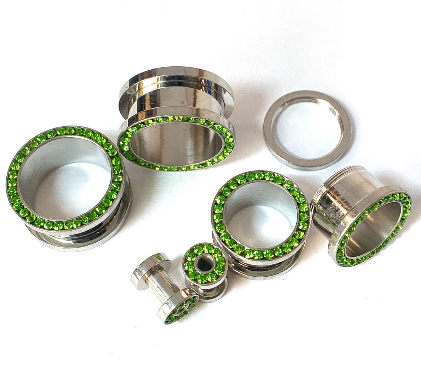 PAIR Peridot Green Gem Rimmed 316L Surgical Steel Screw Fit Tunnels Plugs Gauges