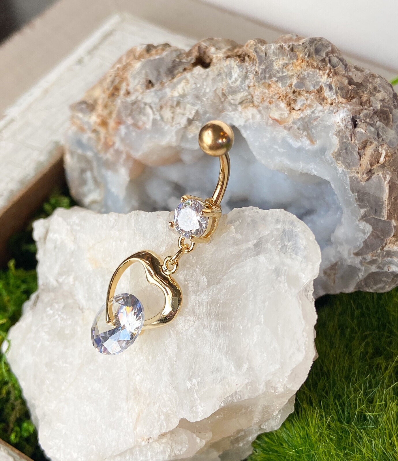 Gold Heart Clear CZ Gem Belly Ring Navel Piercing Pierced Naval Body Jewelry