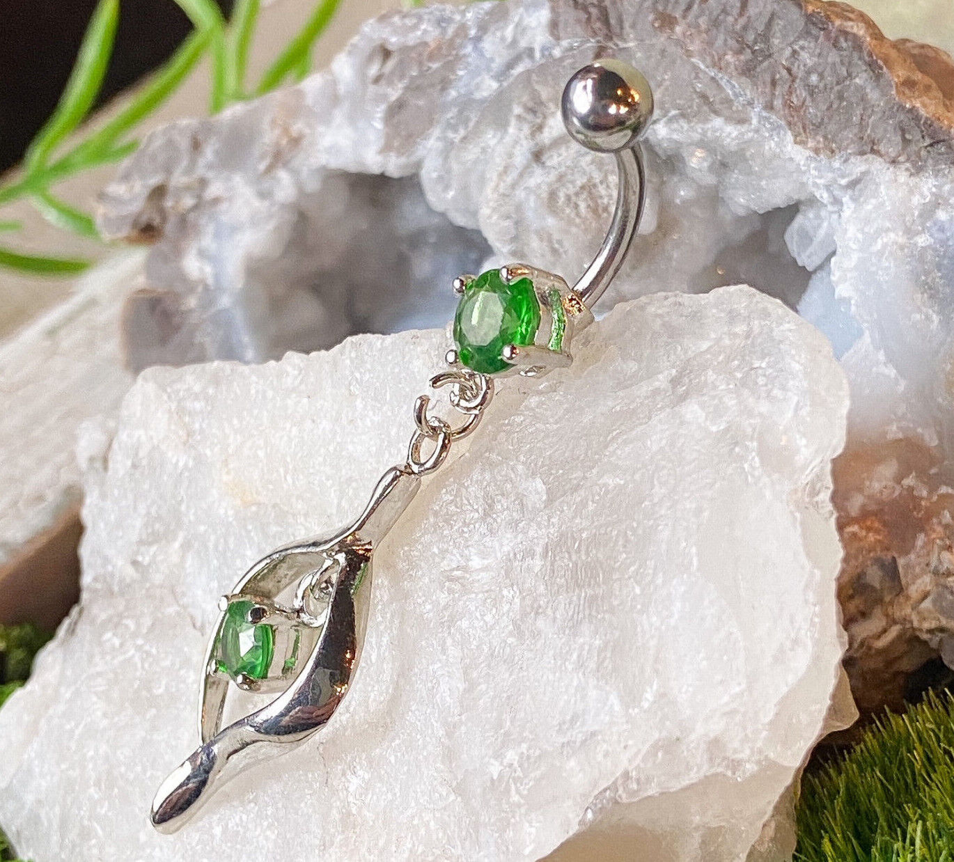 1pc Rhodium Plated CZ Gem Belly Ring Elegant Navel Piercing Pierced Naval (Color: Green)