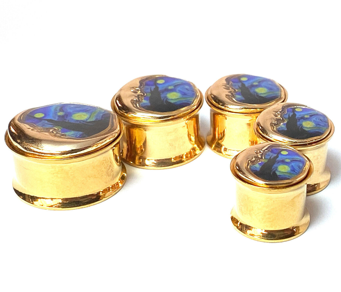 PAIR Starry Night w/ Moon Gold PVD Double Flare Tunnels Ear Plug Gauges Jewelry