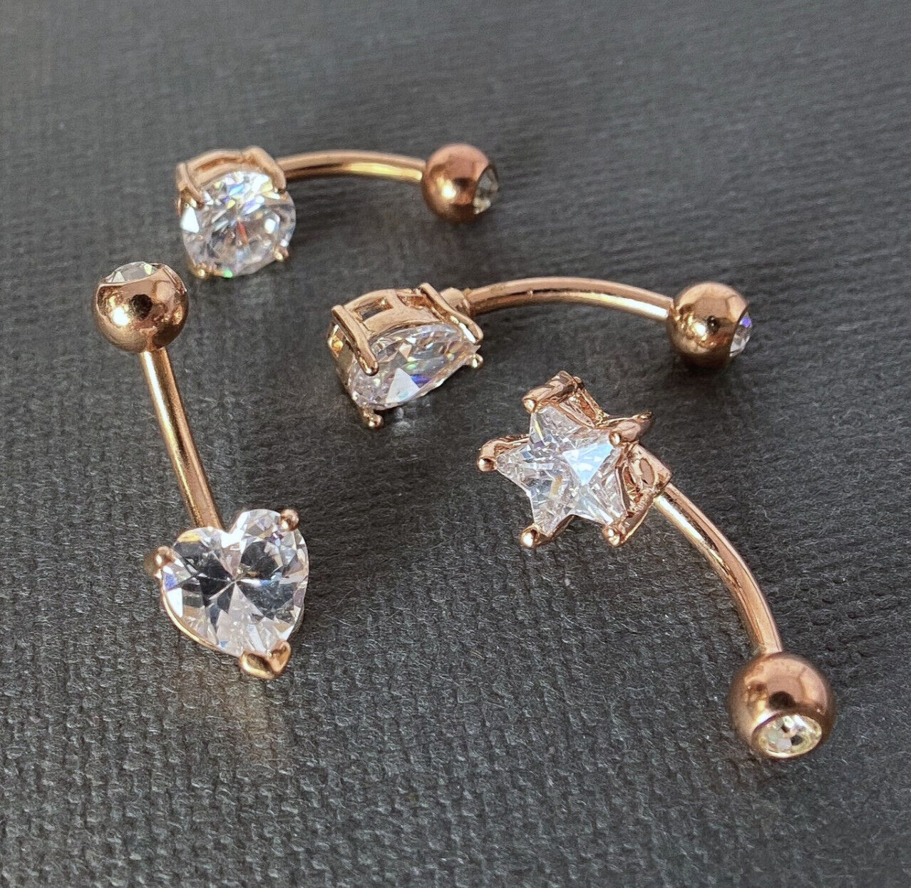 4pc Value Pack Heart, Round, Star, Tear Drop CZ Gem Belly Rings Navel Naval (Color: Rose Gold)