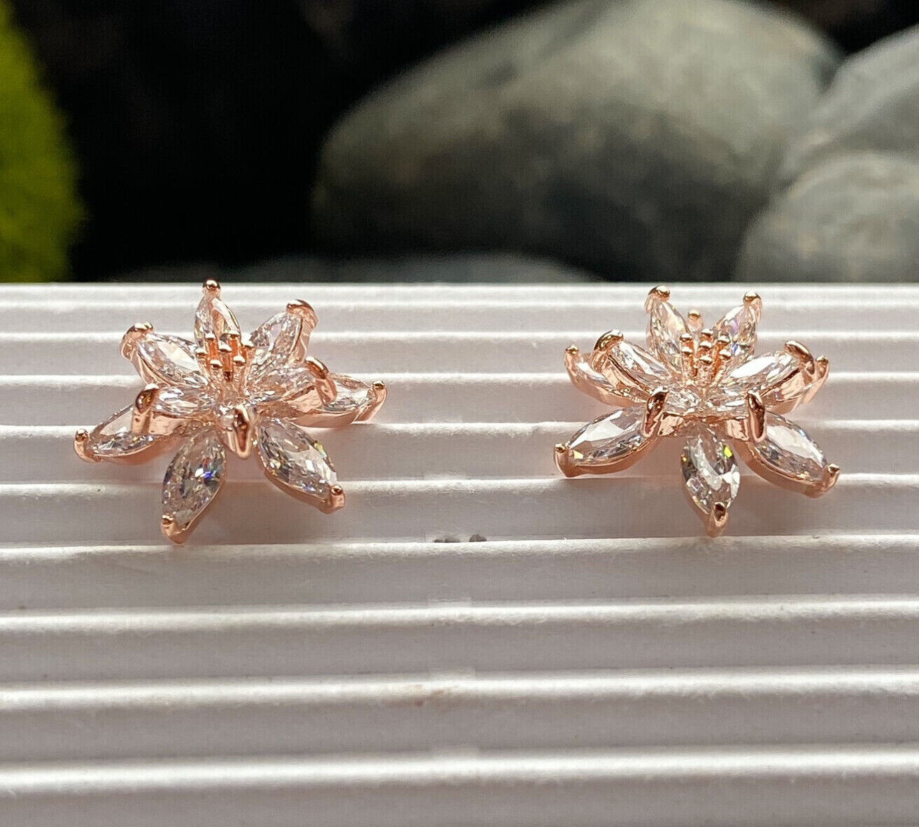 PAIR of Double Tiered CZ Flower 316L Surgical Steel Post 20g Earrings Studs (Color: Rose Gold)