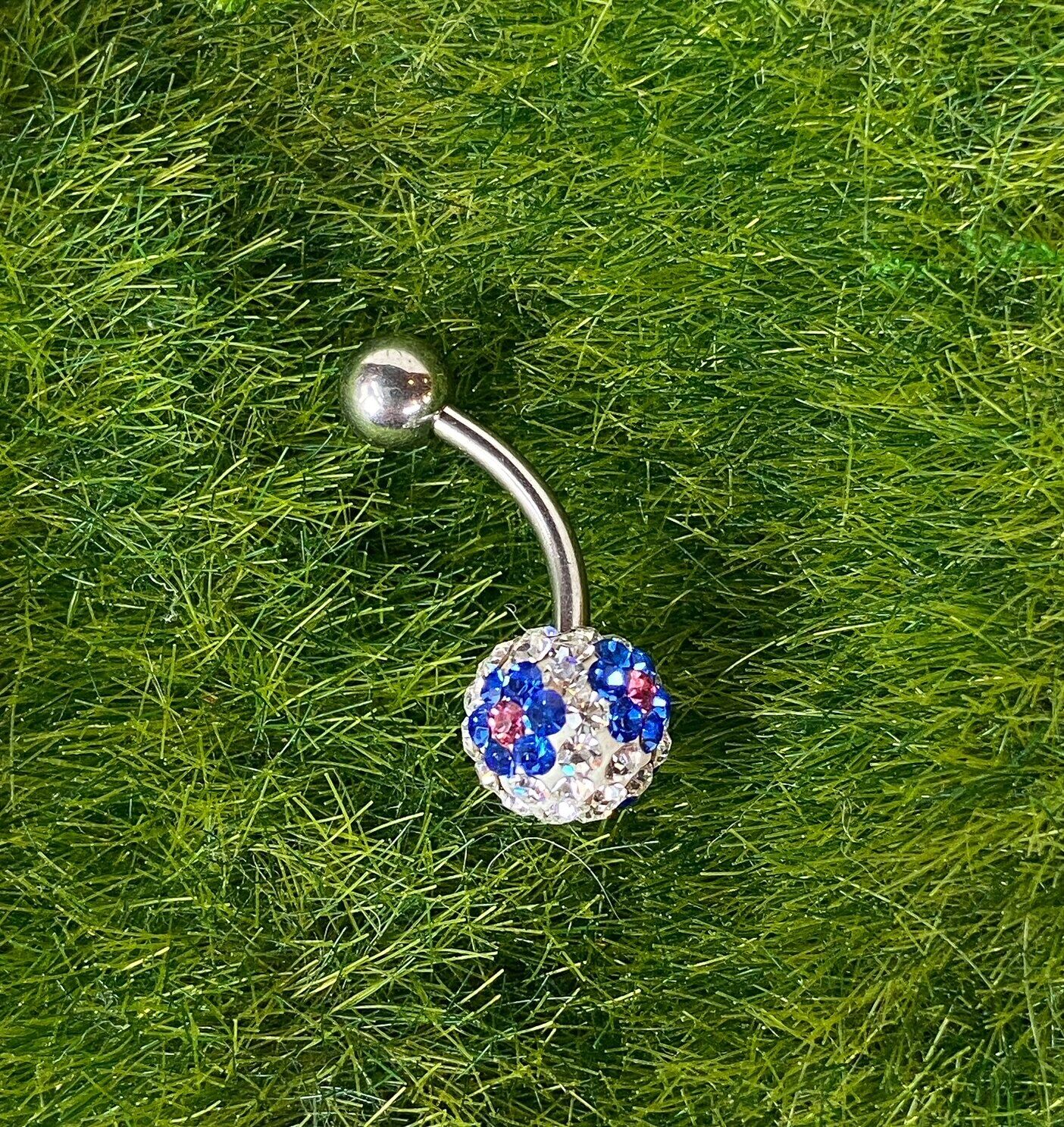 1pc Flower Gem Belly Ring Swarovski Crystal Navel Piercing Pierced Navel Jewelry (Color: White w/ Blue & Pink Flowers)