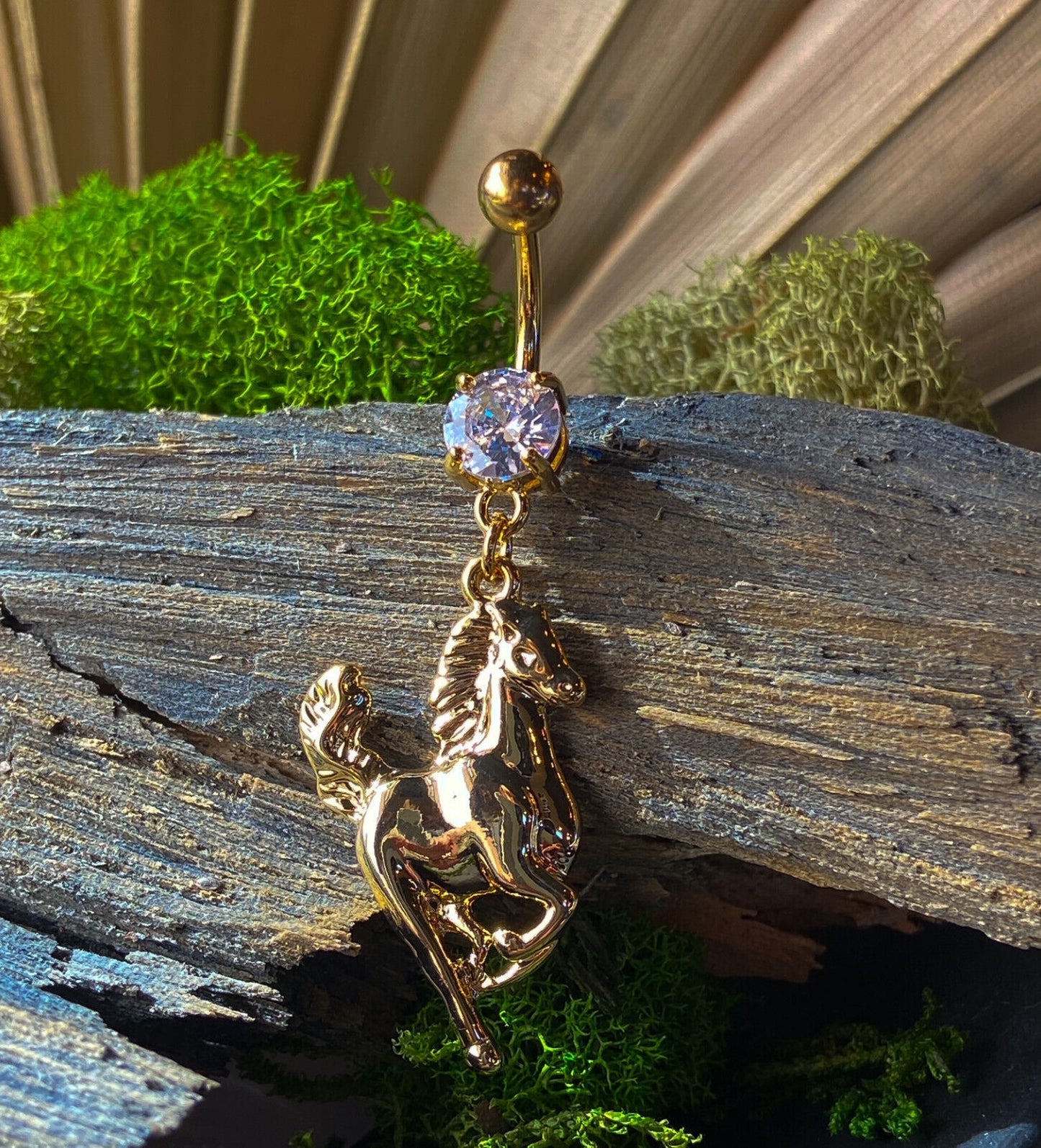 Gold Plated Horse CZ Gem Dangle Belly Ring Navel Piercing Pierced Naval Jewelry