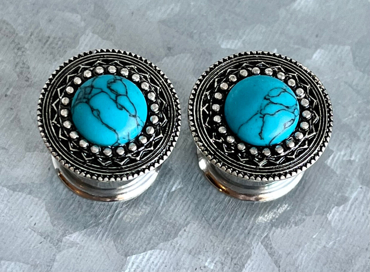 PAIR Antique Silver Shield w/Turquoise Center Double Flare Steel Tunnels Plugs
