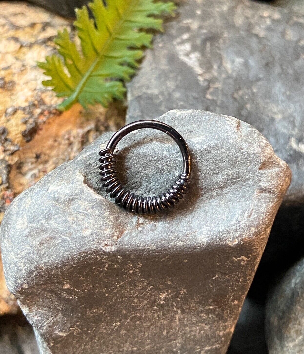 1pc Spring Coil Hinged Segment Ring 16g Helix Septum Clicker Surgical Steel (Color: Black)