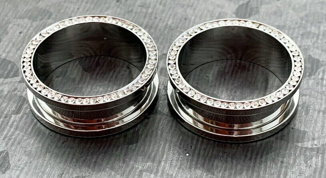 PAIR Clear CZ Gem Rimmed 316L Surgical Steel Screw Fit Tunnels Plugs Gauges
