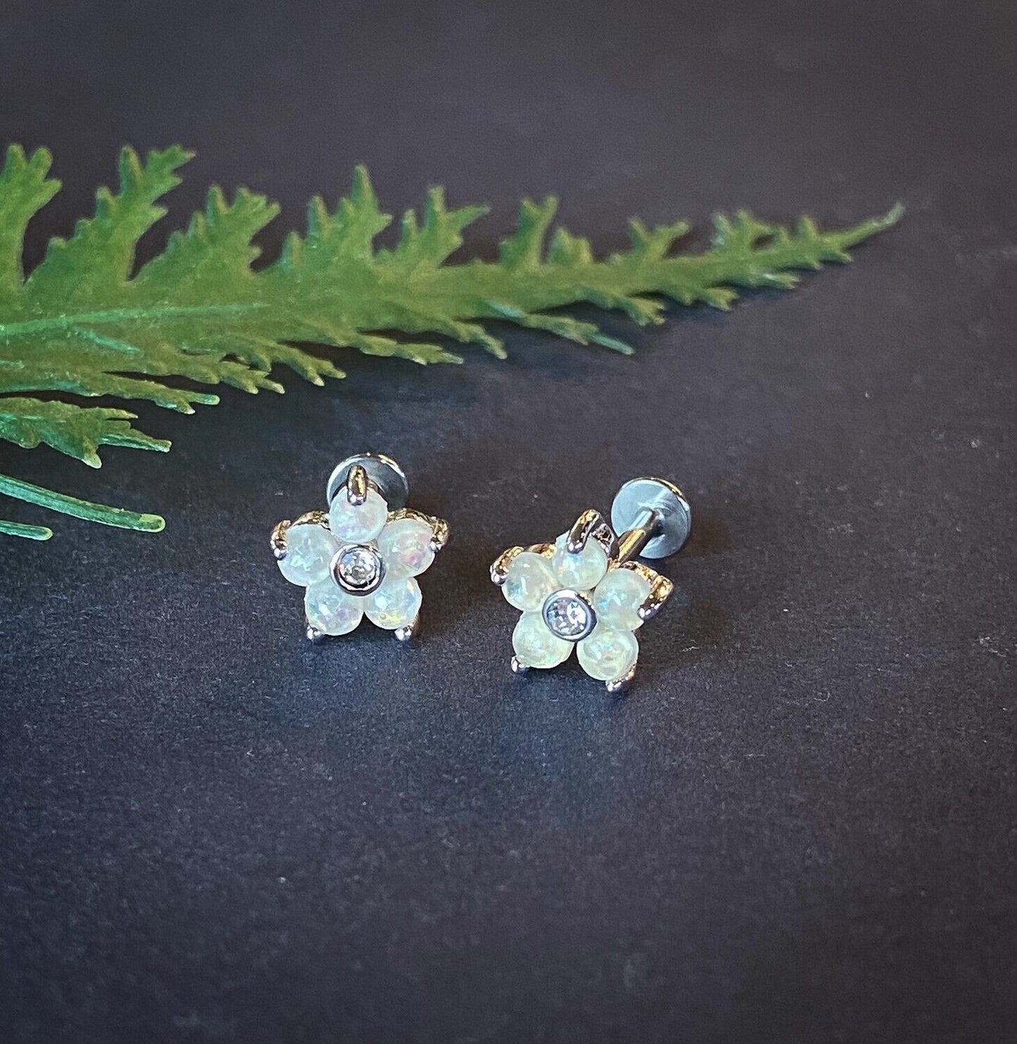 1pc Opal Glitter Flower Petals 16g 1/4" or 5/16" Surgical Steel Labret Monroe (Color: White)