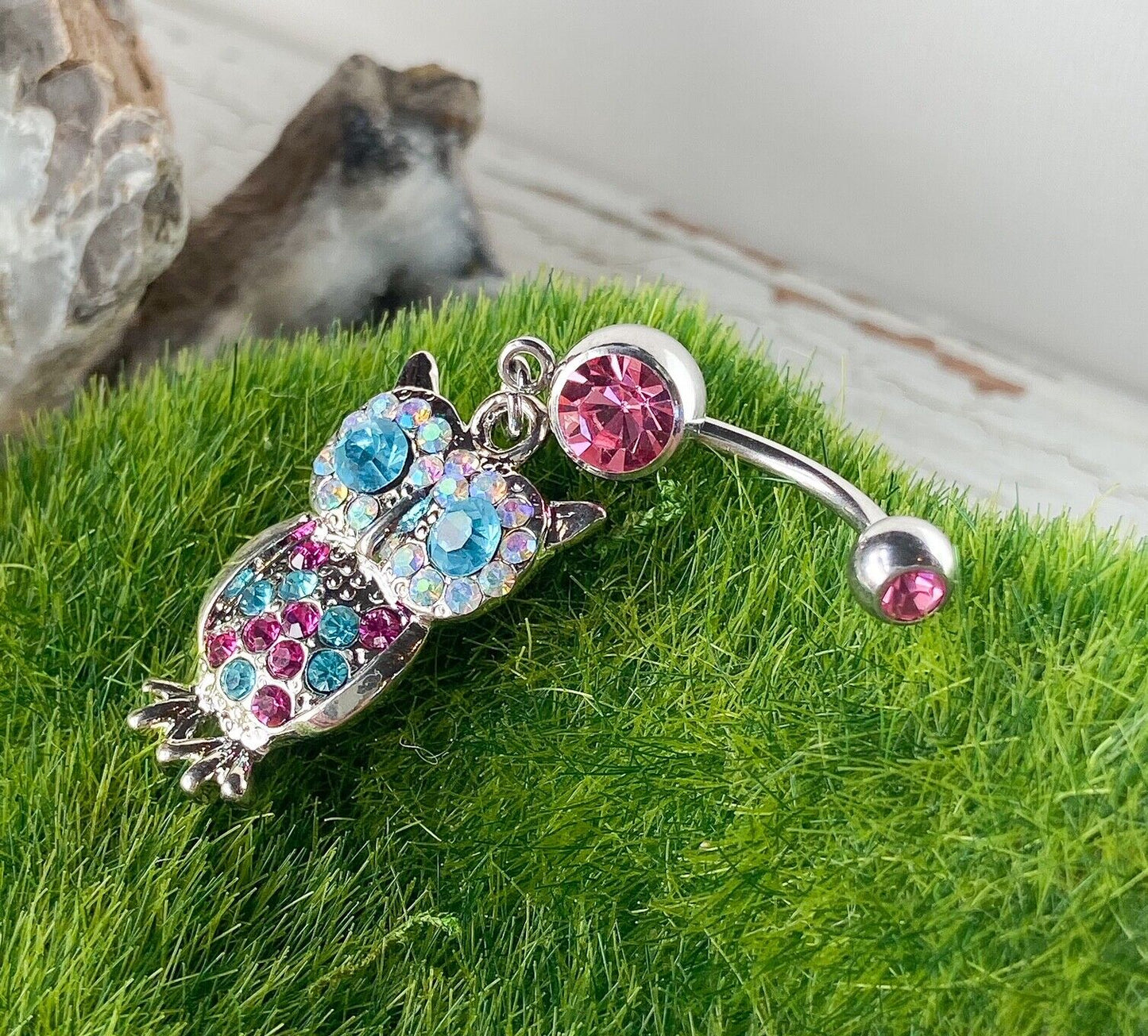 Owl Multi Colored Paved CZ Gem Belly Ring Navel Piercing Pierced Naval Jewelry