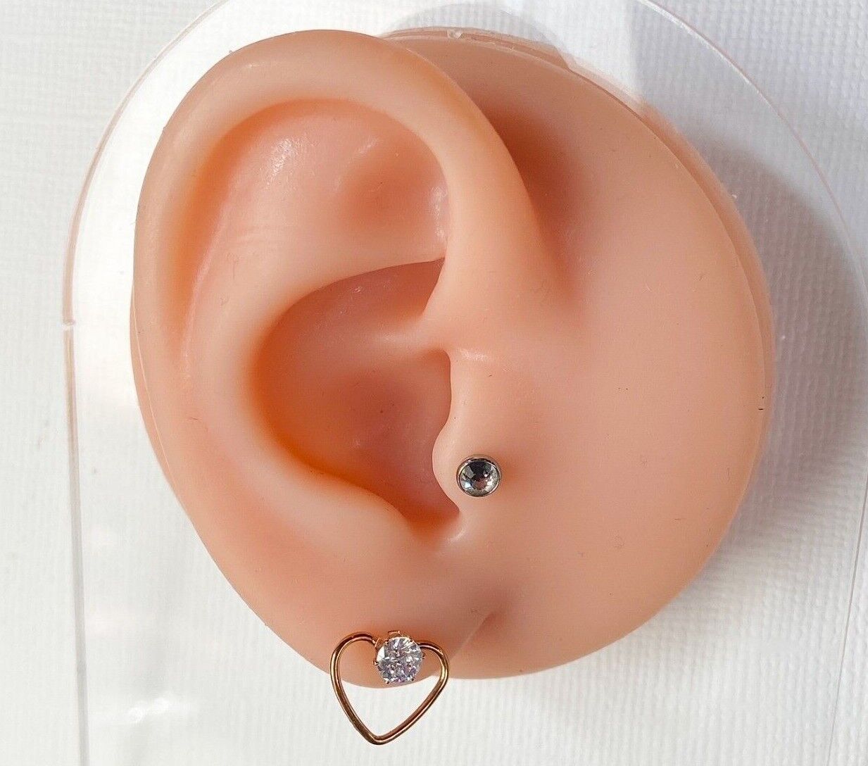 PAIR of CZ Gem Solitaire IP Stainless Steel 20g Earrings w/ Heart