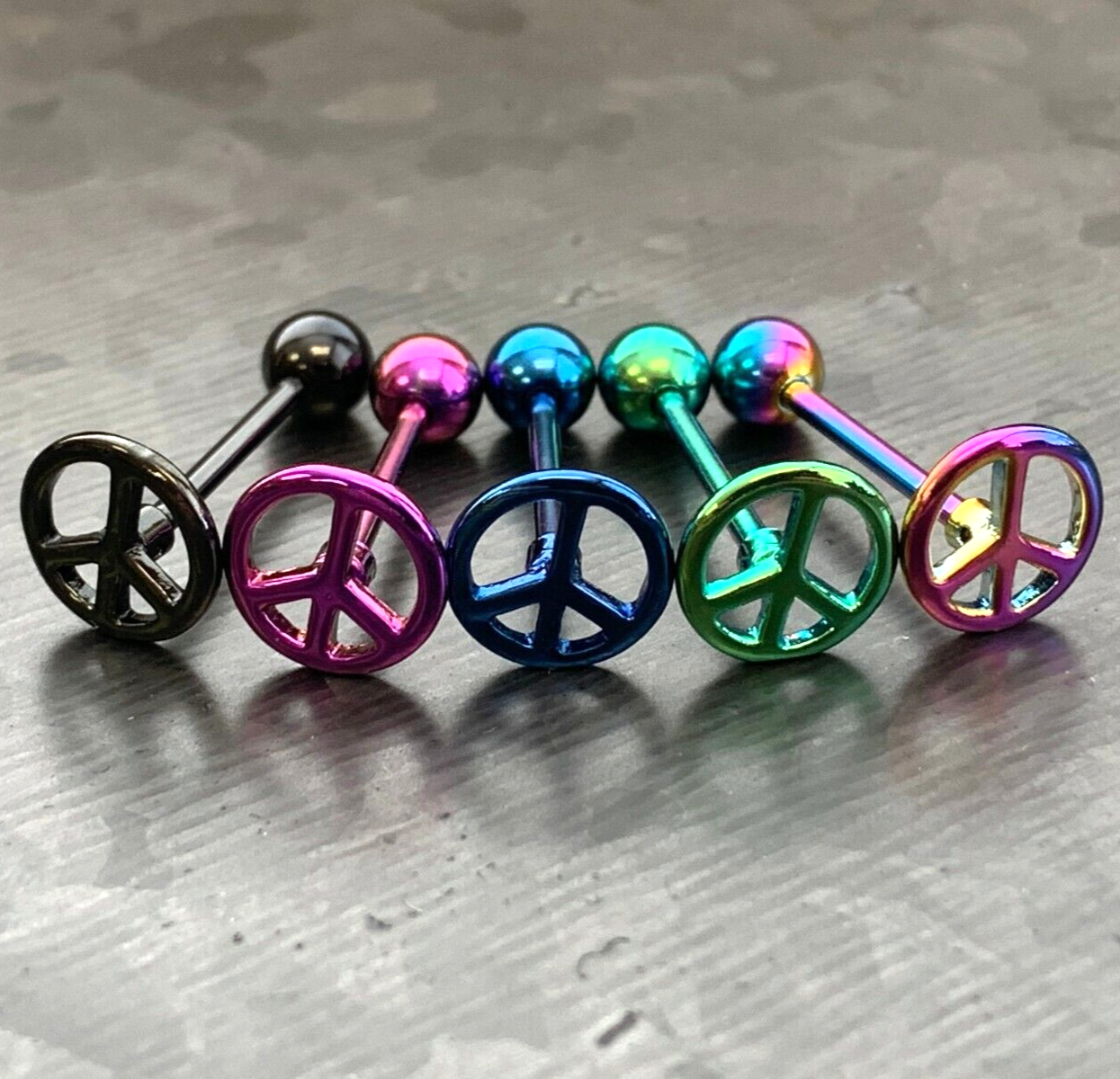 1pc Peace Sign Design Tongue Ring Titanium Anodized 14g Tounge Barbell Jewelry (Color: Set of all 5 colors)