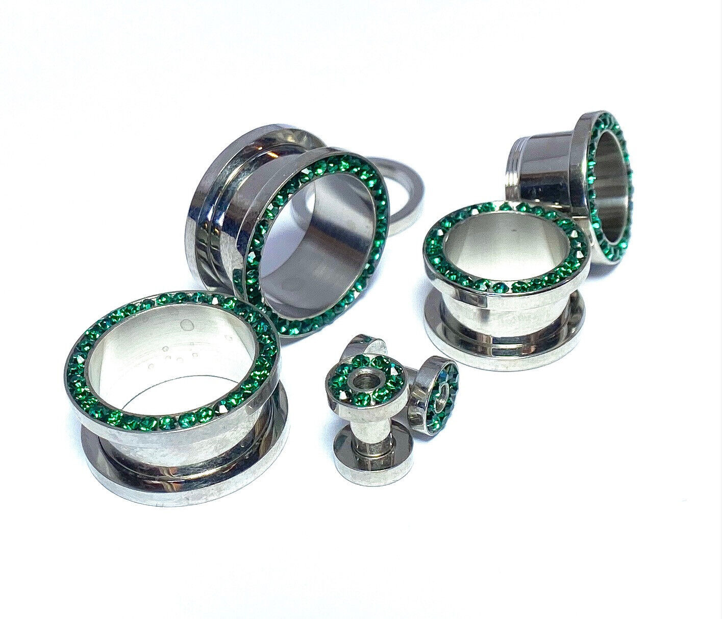 PAIR Emerald Green Gem Rimmed 316L Surgical Steel Screw Fit Tunnels Plugs Gauges