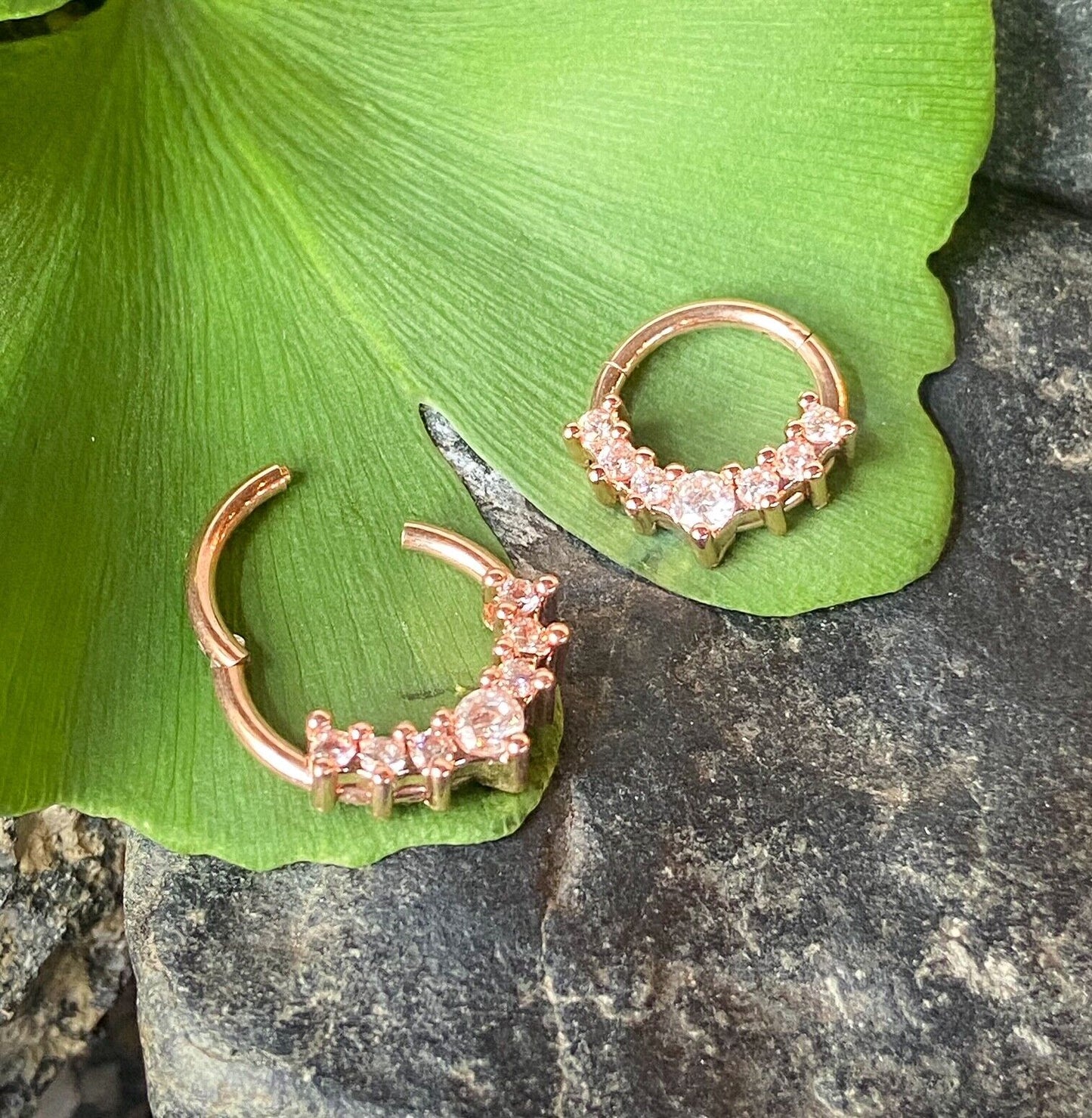 1pc Lined CZ Gem Fan Hinged Segment Ring 16g Septum Clicker Surgical Steel (Color: Rose Gold)