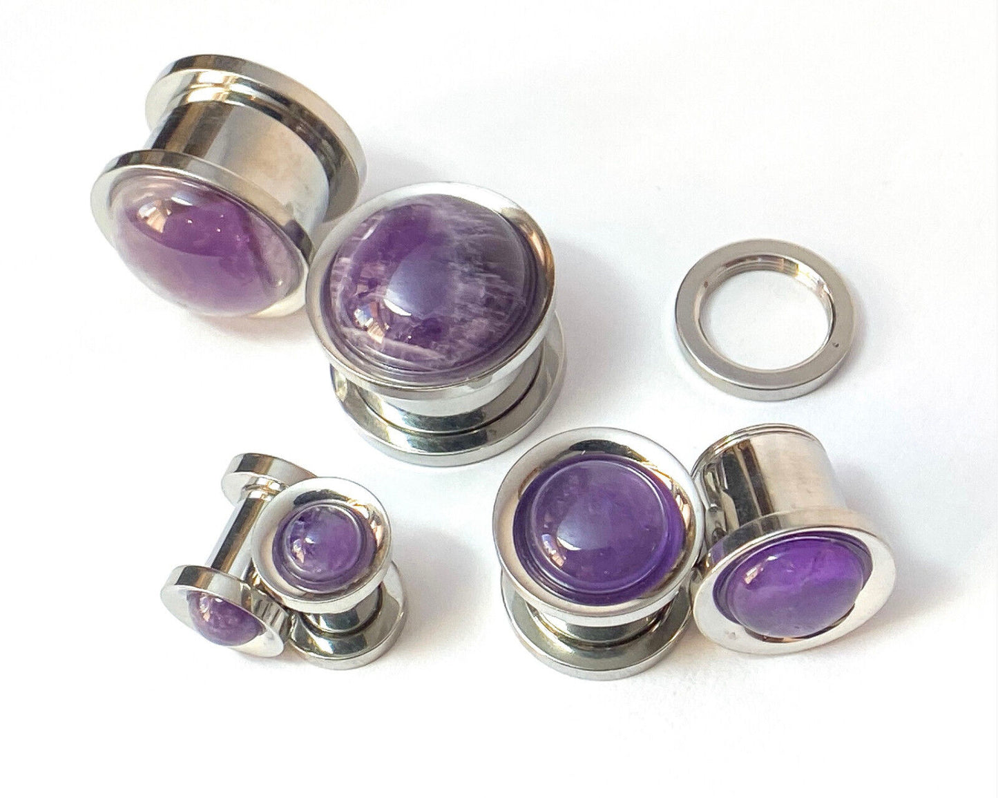 PAIR Amethyst Stone Dome Surgical Steel Screw Fit Tunnels Gauge Amythest Plugs