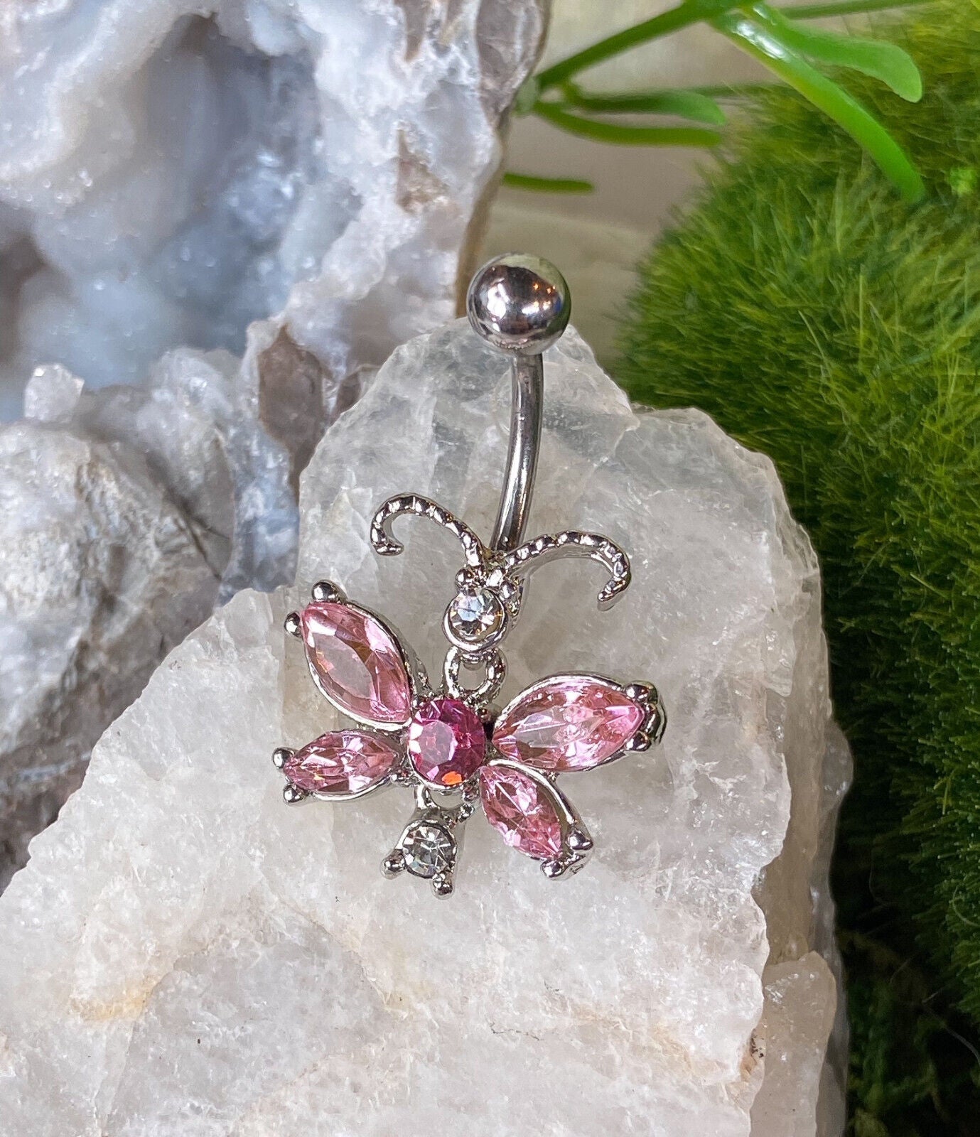 1pc Unique Butterfly CZ Gem Belly Ring Navel Piercing Pierced Naval Body Jewelry (Color: Pink)