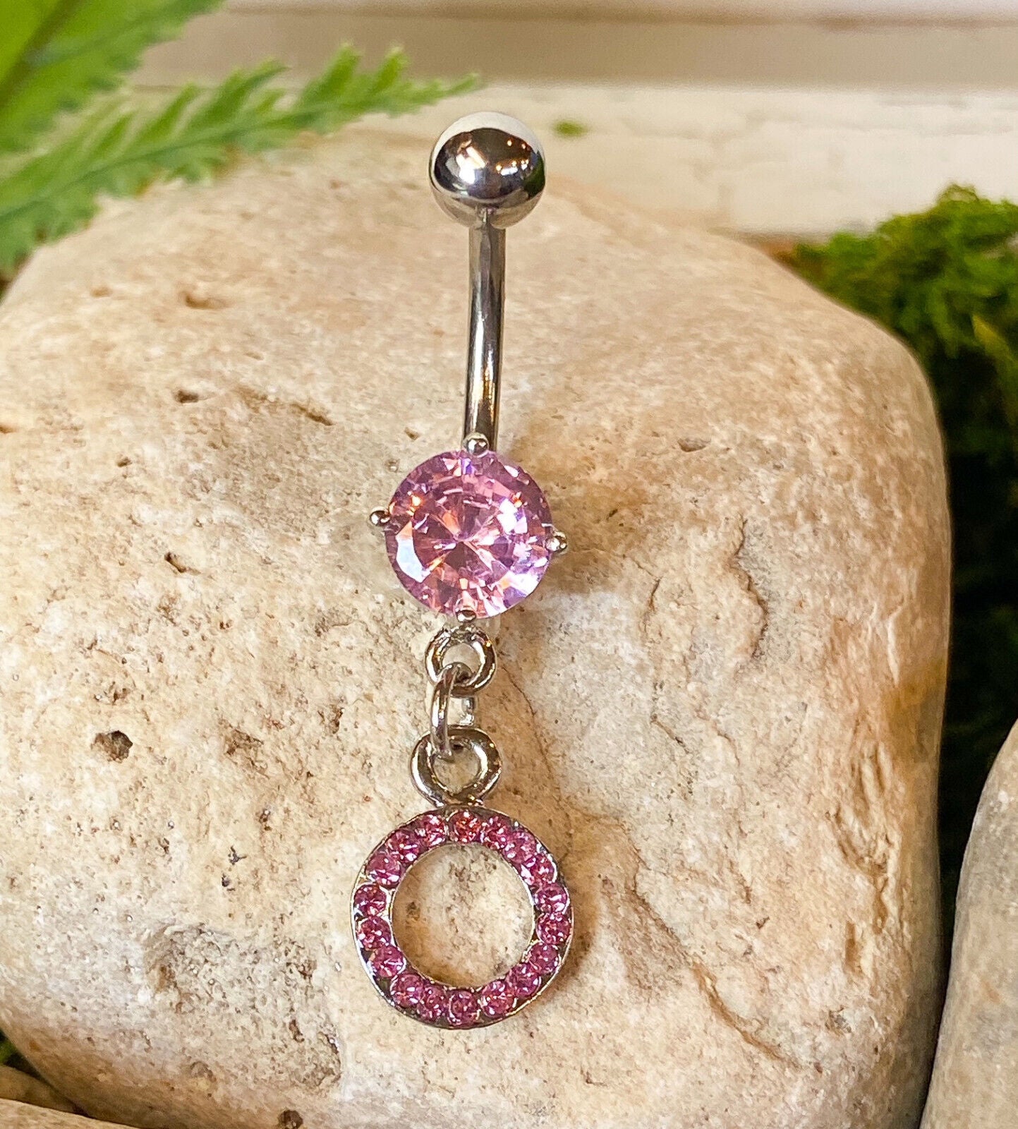 1pc Initial Paved Pink Gem Belly Ring Pierced Navel Letter Naval Piercing (Initial: O)