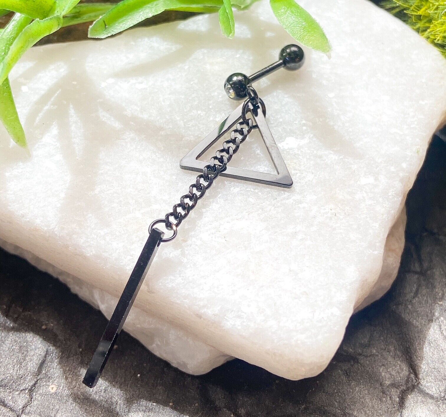 1pc Bar Chain Triangle Tragus Stud Helix Ear Cartilage Ring 316L Surgical Steel (Color: Black)