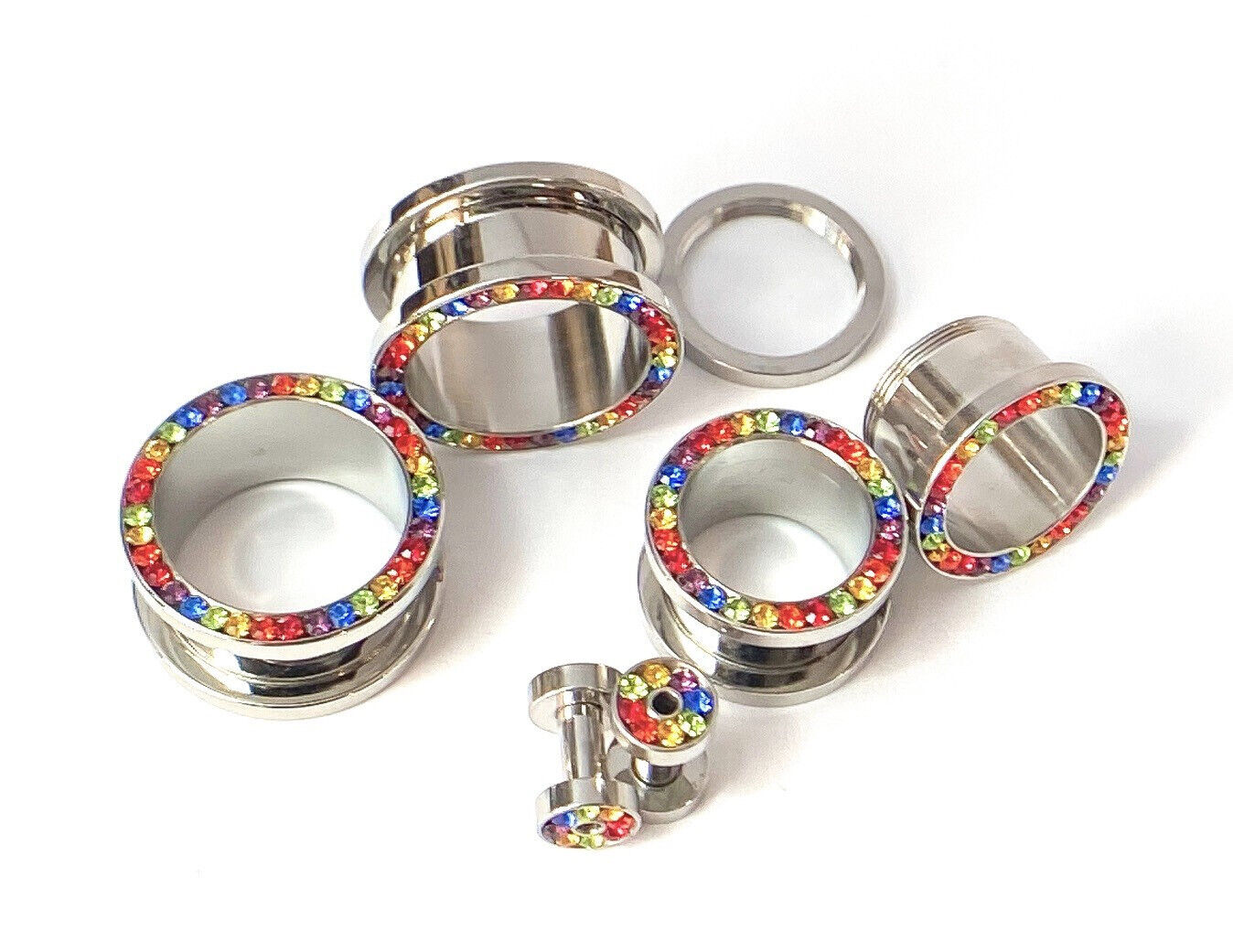 PAIR Rainbow CZ Gem Rimmed 316L Surgical Steel Screw Fit Tunnels Plugs Gauges