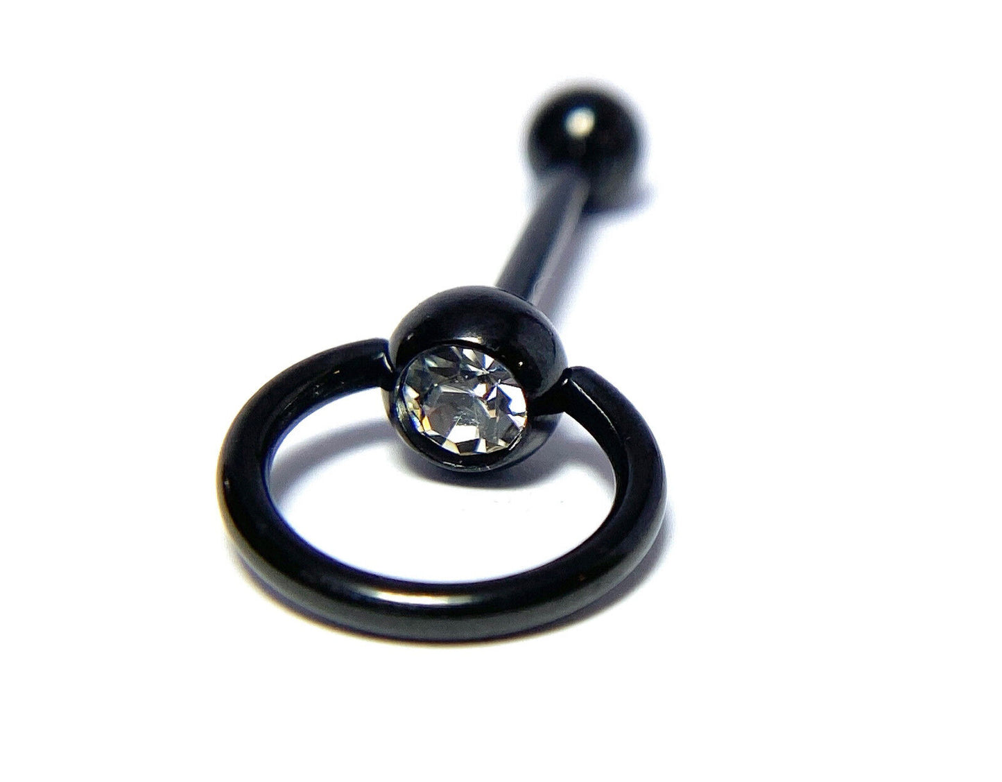 1pc Clear Gem w/ Slave Ring Tongue Ring IP Steel Barbell Door Knocker Tounge (Color: Black)