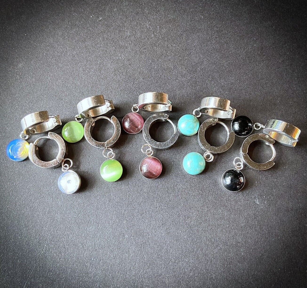 PAIR of Hinged Hoop Earrings Semi-Precious Stone Dangle 20g 316L Stainless Steel