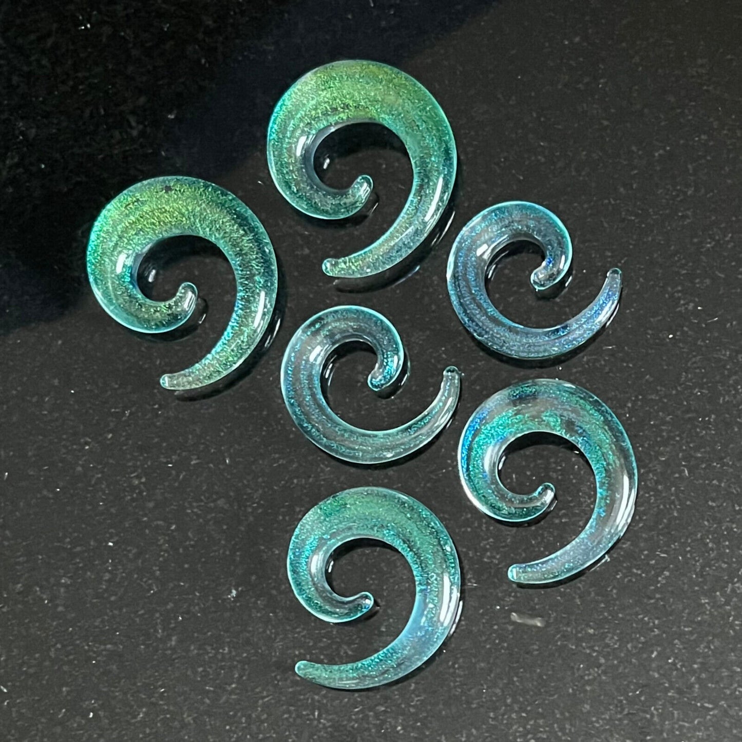 PAIR Green Blue Glitter Glass Spiral Tapers Expanders Plugs Gauges Body Jewelry