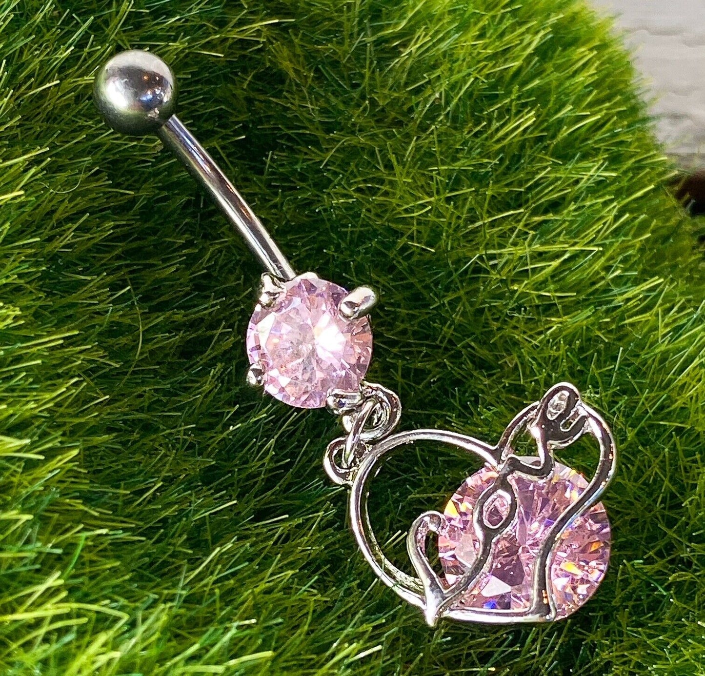 LOVE Heart CZ Gem Belly Ring Pierced Navel Solitaire 14g Clear, Pink, Purple (Color: Pink)