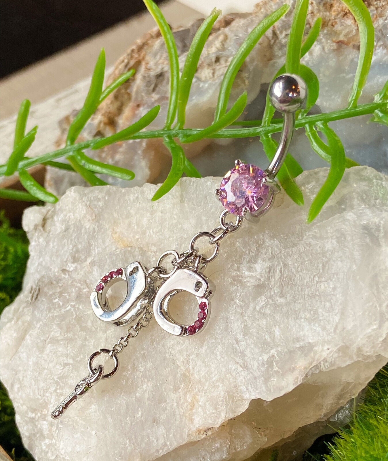 1pc CZ Gem Handcuffs & Key Belly Ring Navel Piercing Pierced Naval Body Jewelry (Color: Pink)