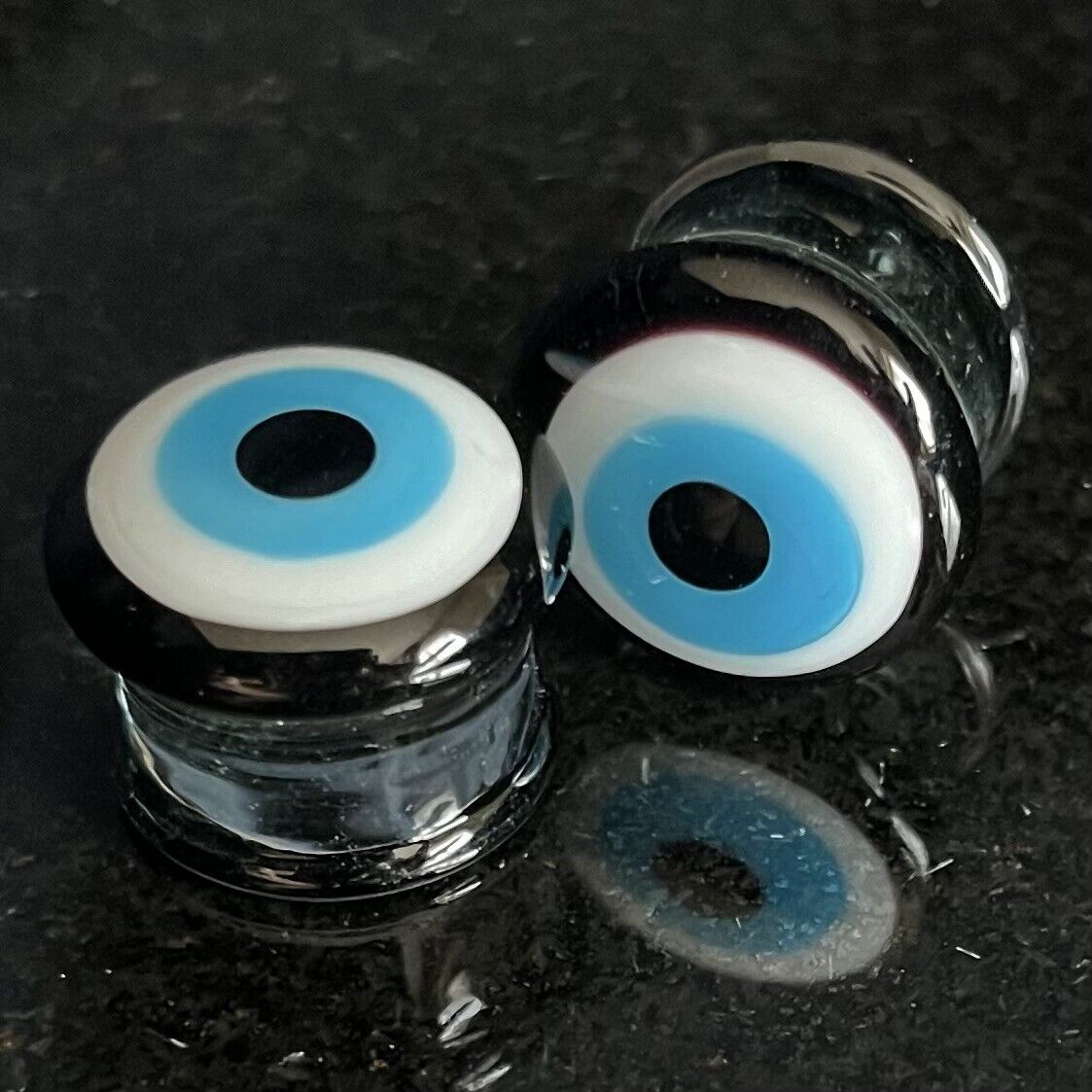 PAIR Evil Eye Glass Double Flare Plugs Tunnels Gauges Piercing Body Jewelry