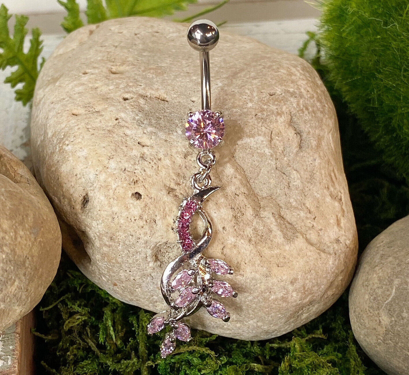 1pc Vine Dangle CZ Gem Belly Ring Navel Piercing Naval 14g 316L Surgical Steel (Color: Pink)