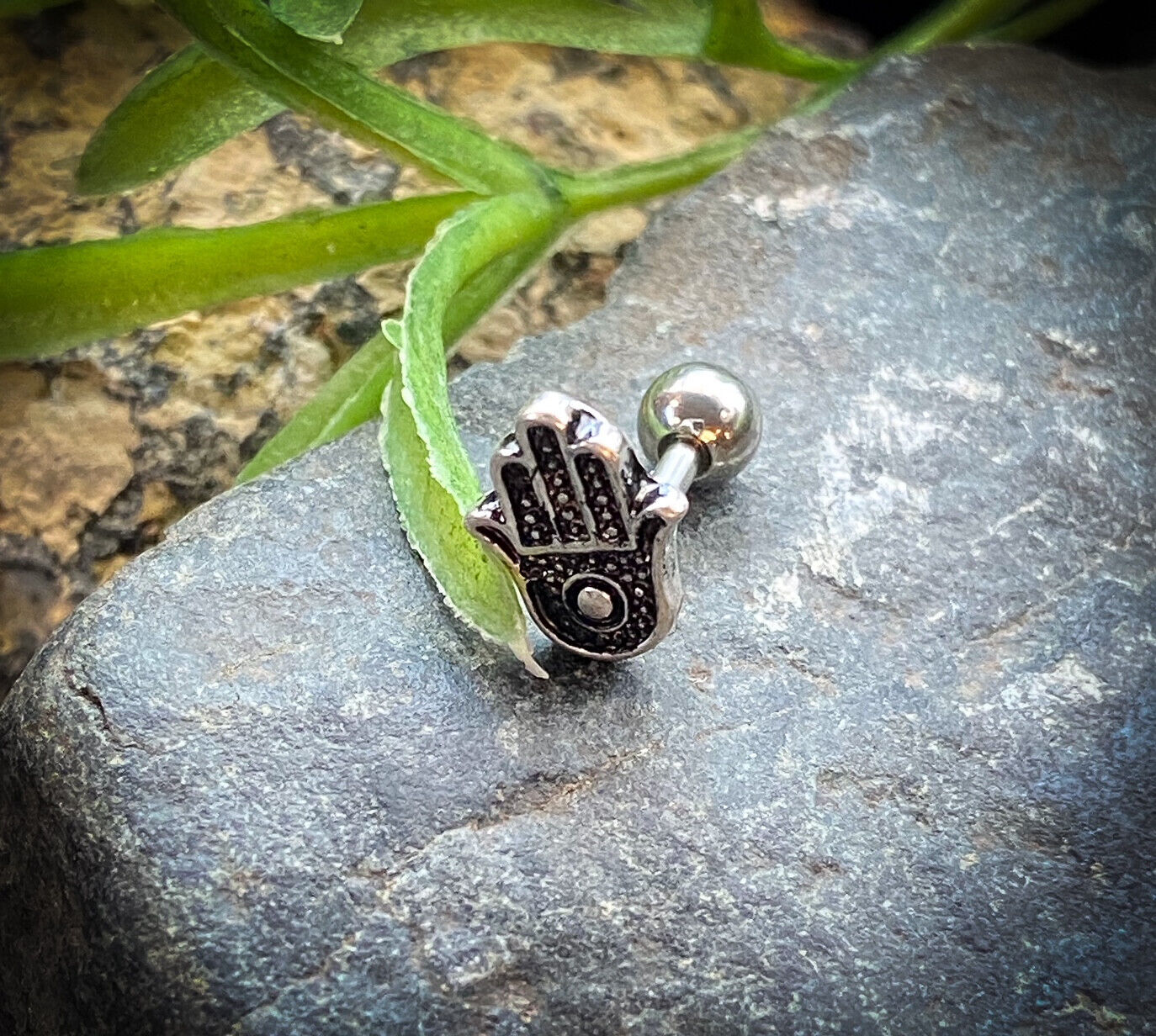 Hamsa Antique Silver Plated Surgical Steel Tragus Helix Ear Cartilage Stud Ring