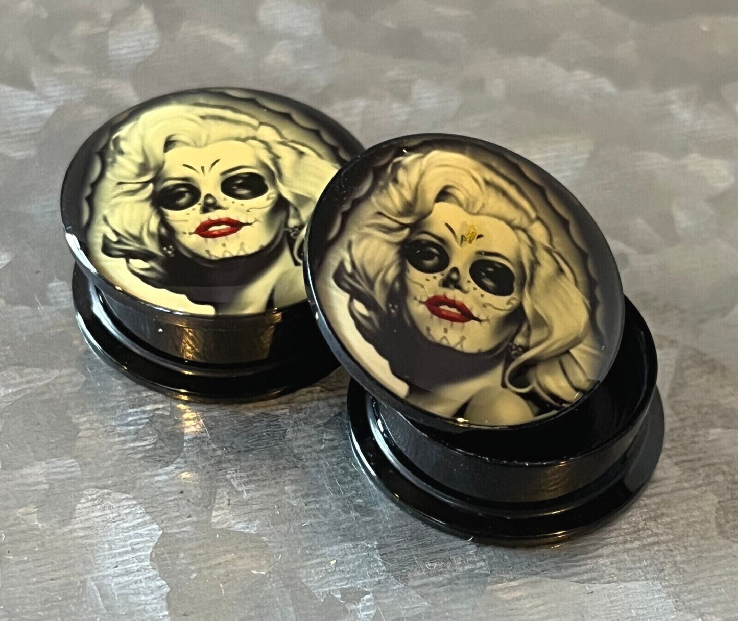 PAIR Zombie Day of the Dead Marilyn Monroe Acrylic Screw Fit Tunnel Plugs Gauges