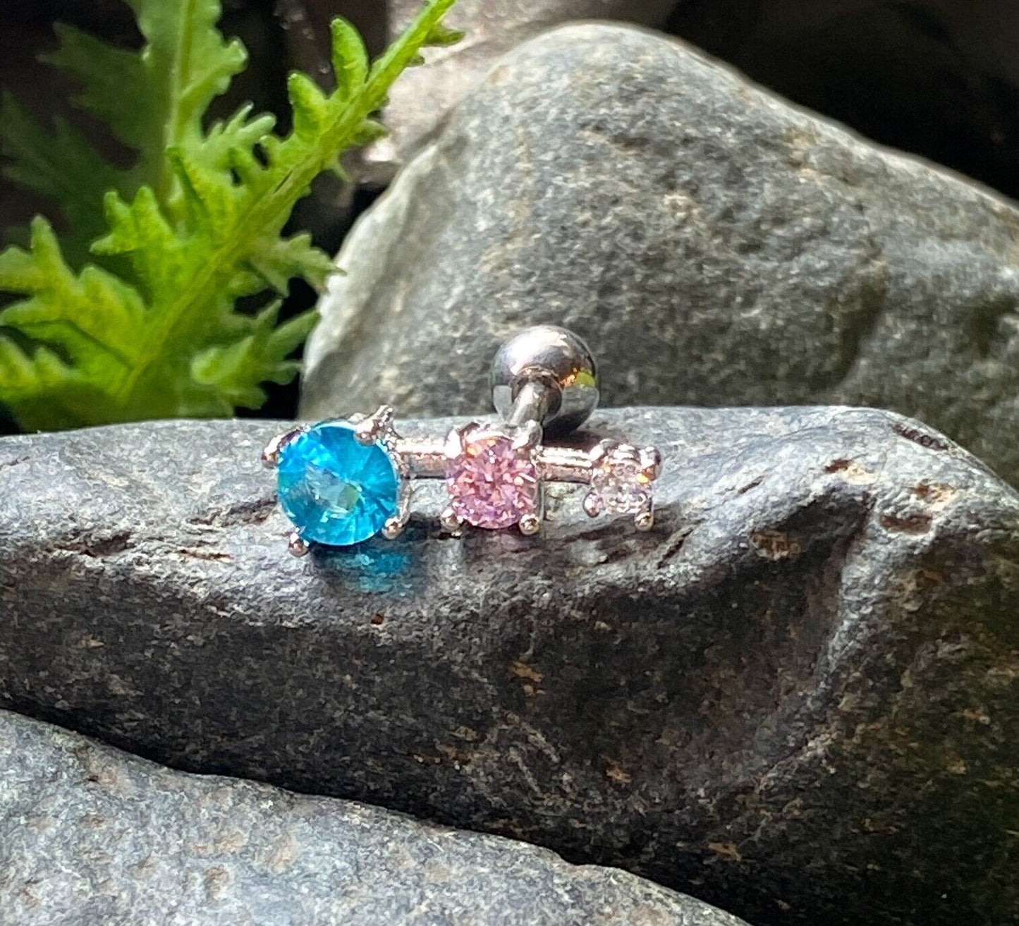 1pc Prong Set Triple Gem Tragus Helix Cartilage Ring 16g 1/4" Piercing Jewelry (Gem color: Multicolor)