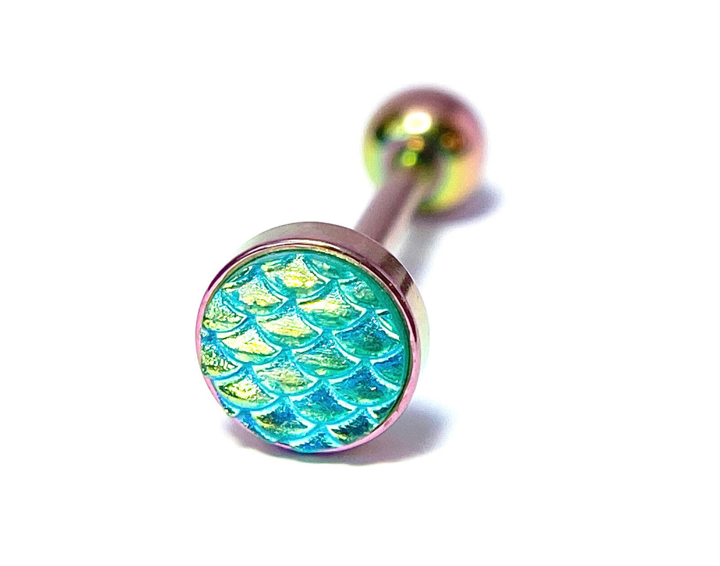 1pc Iridescent Fish Scale Flat Top Tongue Ring Barbells Tounge Body Jewelry (Color: Rainbow/Aqua)