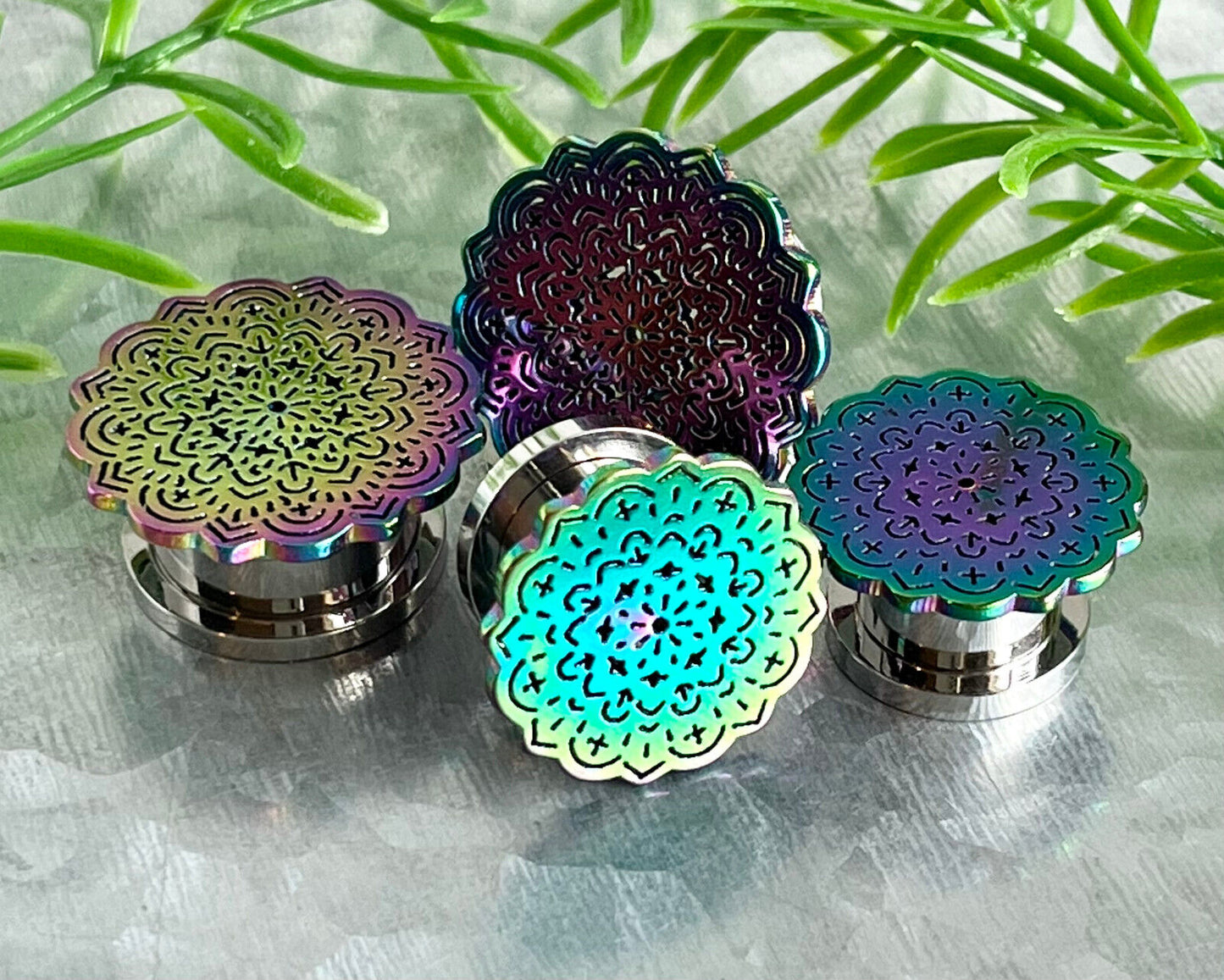 PAIR Rainbow Tribal Flower Top Design Steel Screw Fit Tunnels Plugs Body Jewelry